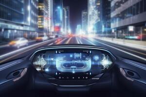 ai generado moderno inteligente coche tecnología inteligente sistema utilizando cabezas arriba monitor hud autónomo yo conducción modo vehículo en ciudad la carretera con gráfico sensor Radar señal sistema inteligente coche. foto