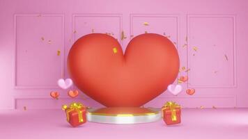 San Valentín día rebaja lujo pizarron corazón y regalo caja rosado antecedentes 3d ilustración con podio para tu producto promoción video