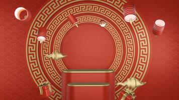 3D red background chinese new year with minimalist podium, suitable for product promotion video