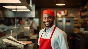 ai generado comida industria Servicio trabajador sonriente - generado con ai foto