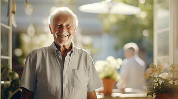 ai generado mayor abuelo sonriente a Jubilación hogar - generado con ai foto