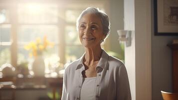 ai generado mayor abuela sonriente a Jubilación hogar - generado con ai foto