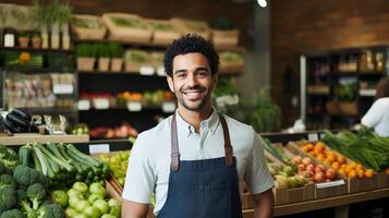 ai generado tienda de comestibles Tienda trabajador sonriente en frente de Produce sección - ai generado foto