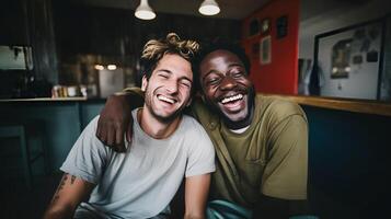 ai generado dos masculino mejor amigos riendo juntos - ai generado foto