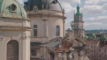 Aerial City Lviv, Ukraine. European City. Popular areas of the city. Dominican video