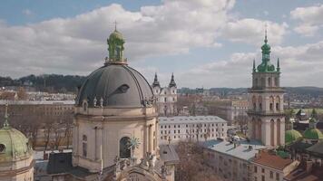 Aerial City Lviv, Ukraine. European City. Popular areas of the city. Dominican video