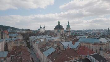 Aerial City Lviv, Ukraine. European City. Popular areas of the city. Dominican video