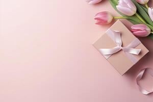 AI generated Mother's Day concept. Pink gift box with ribbon bow and a bouquet of tulips.  AI Generated photo