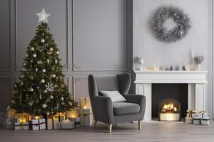 AI generated Modern Living Room With Fireplace, Christmas Tree, Gift Boxes And Armchair. AI Generated photo