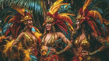 AI generated Group of a sexy girls in a colorful sumptuous carnival feather suit. photo