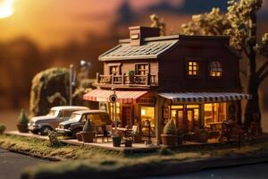 AI generated A charming and cozy coffee shop Set beside a busy highway with Warm and golden sunset light, and a Picturesque sunset view with vibrant colors. AI Generative photo