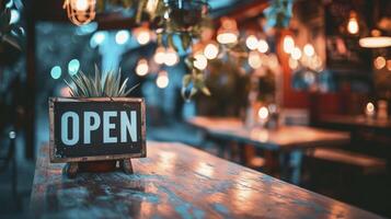 ai generado el firmar con texto abierto a el restaurante foto