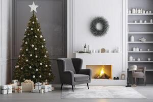 AI generated Modern Living Room With Fireplace, Christmas Tree, Gift Boxes And Armchair. AI Generated photo