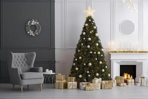 AI generated Modern Living Room With Fireplace, Christmas Tree, Gift Boxes And Armchair. AI Generated photo