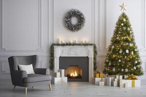 AI generated Modern Living Room With Fireplace, Christmas Tree, Gift Boxes And Armchair. AI Generated photo