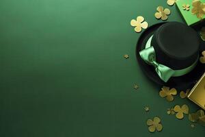 AI generated St Patrick's Day concept. leprechaun headwear gift boxes pot with gold coins. AI Generated photo