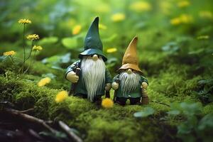 AI generated Toy Irish gnomes in a mystery forest, abstract green natural background. Generative AI photo