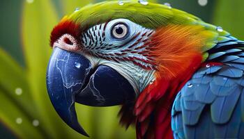 ai generado tropical guacamayo encaramado, vibrante plumas en enfocar. generativo ai foto