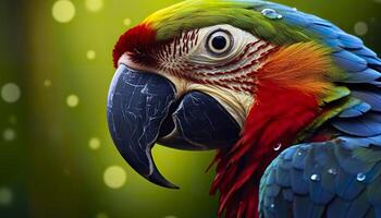 AI generated Tropical macaw perched, vibrant feathers in focus. Generative AI photo