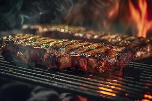 AI generated Meat grilling on a charcoal grill with smoke rising. AI Generated photo