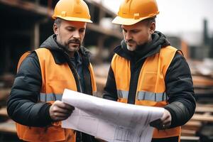 ai generado construcción trabajador cabezas cuales son vistiendo el la seguridad casco a el construcción sitio. generativo ai. foto