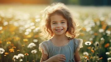 ai generado contento linda pequeño niña en el cierne prado en un soleado verano día. generativo ai. foto