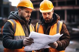 ai generado construcción trabajador cabezas cuales son vistiendo el la seguridad casco a el construcción sitio. generativo ai. foto