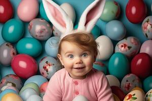 ai generado un linda bebé vistiendo Pascua de Resurrección conejito orejas con Pascua de Resurrección huevos y vistoso antecedentes. generativo ai. foto