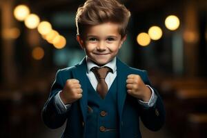 AI generated Handsome business boy doing triumphant clenched fist. Generative Ai. photo