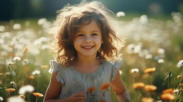 ai generado contento linda pequeño niña en el cierne prado en un soleado verano día. generativo ai. foto