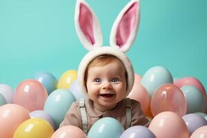 ai generado un linda bebé vistiendo Pascua de Resurrección conejito orejas con Pascua de Resurrección huevos y vistoso antecedentes. generativo ai. foto