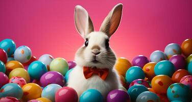 AI generated Easter bunny with sunglasses among Easter eggs on colorful background. Generative Ai. photo