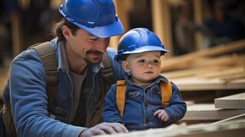 AI generated Father and son in construction site with helmets. Generative Ai. photo