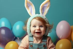 AI generated A cute baby wearing Easter bunny ears with Easter eggs and colorful background. Generative Ai. photo