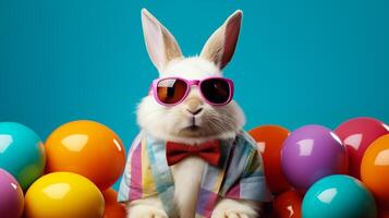 AI generated Easter bunny with sunglasses among Easter eggs on colorful background. Generative Ai. photo