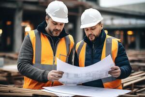 AI generated Construction worker heads which are wearing the safety helmet at the construction site. Generative Ai. photo