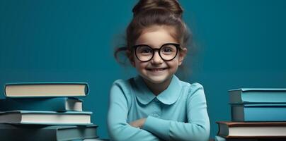 ai generado contento linda pequeño niña en un azul antecedentes con libros. generativo ai. foto