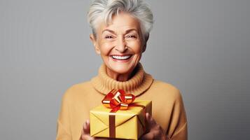 AI generated Beautiful mature woman holding gift box on clean background. Generative Ai. photo