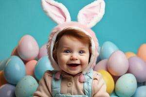 ai generado un linda bebé vistiendo Pascua de Resurrección conejito orejas con Pascua de Resurrección huevos y vistoso antecedentes. generativo ai. foto