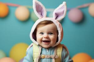 ai generado un linda bebé vistiendo Pascua de Resurrección conejito orejas con Pascua de Resurrección huevos y vistoso antecedentes. generativo ai. foto