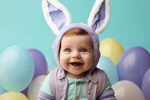 ai generado un linda bebé vistiendo Pascua de Resurrección conejito orejas con Pascua de Resurrección huevos y vistoso antecedentes. generativo ai. foto