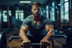 ai generado un hombre trabajando fuera en un gimnasio con moderno máquina. generativo ai. foto