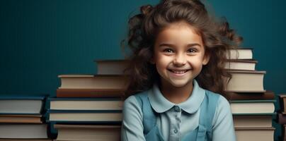 ai generado contento linda pequeño niña en un azul antecedentes con libros. generativo ai. foto