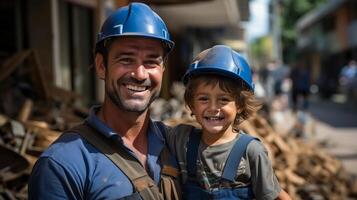 AI generated Father and son in construction site with helmets. Generative Ai. photo