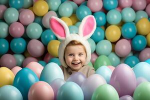 ai generado un linda bebé vistiendo Pascua de Resurrección conejito orejas con Pascua de Resurrección huevos y vistoso antecedentes. generativo ai. foto