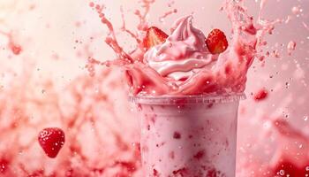 AI generated a strawberry milkshake is being splashed with water photo