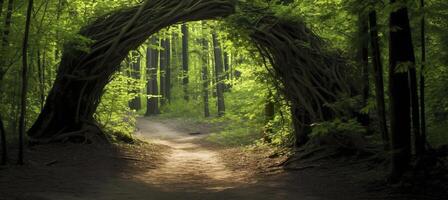 AI generated Natural archway shaped by branches in the forest. AI Generated photo