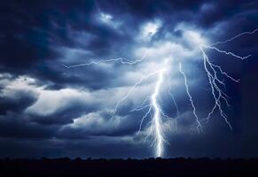 AI generated Lightning strikes on a cloudy dramatic stormy sky. AI Generated photo