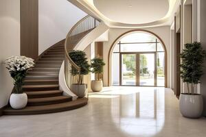 AI generated The interior design of the modern entrance hall with a staircase in the villa. AI Generated photo