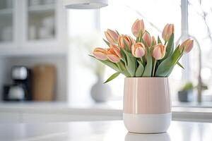 AI generated A bouquet of tulips on a white table. AI Generated photo